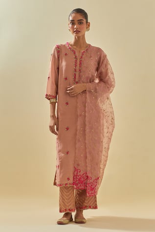 KORA Blossom Applique Embellished Kurta Pant Set 