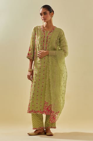 KORA Floral Applique Striped Kurta Pant Set 