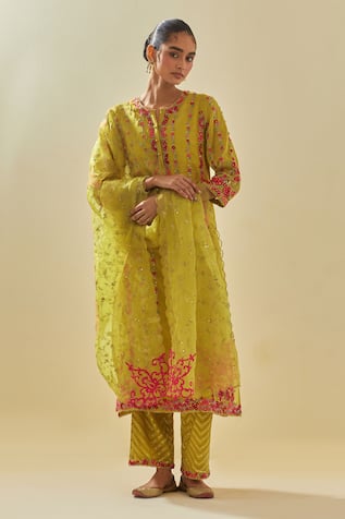 KORA Stripe Floral Applique Kurta Pant Set 