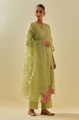 KORA Flower Applique Cluster Kurta Pant Set 