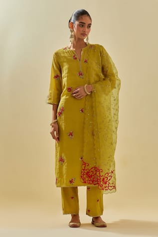 KORA Floral Applique Cluster Kurta Pant Set 