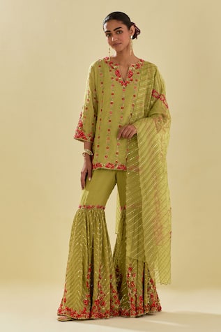 KORA Applique Embellished Short Kurta Farsi Pant Set 