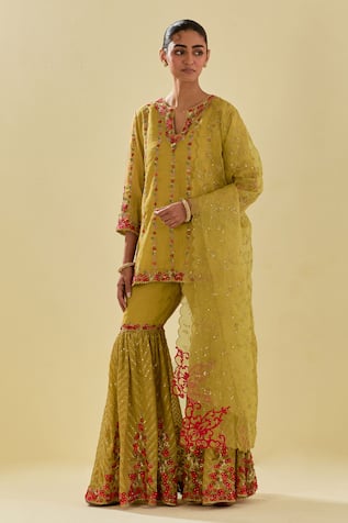 KORA Floral Applique Short Kurta Farsi Pant Set 