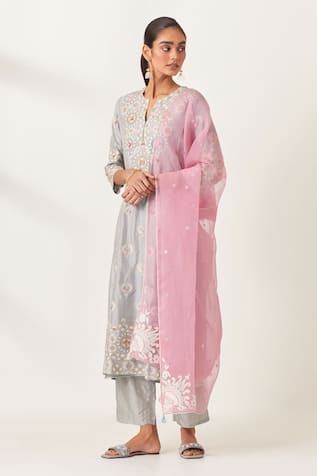 KORA Silk Floral Aari Work Panelled Kurta Pant Set 