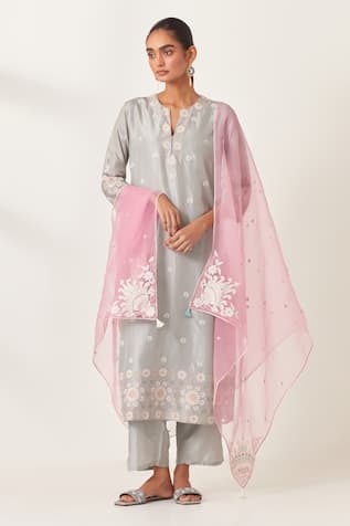 KORA Silk Blossom Applique Work Kurta Pant Set 