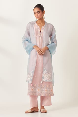 KORA Silk Applique Work Floral Kurta Pant Set 