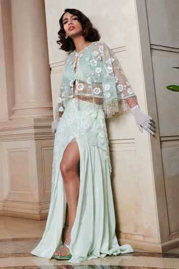 Esha L Amin Floral Sequin Embellished Cape Overlap Panel Slit Skirt Set 