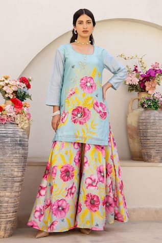 Chrkha Floral Print Kurta With Sharara 