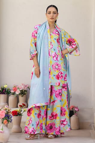 Floral Print Kurta Sharara Set For Kids