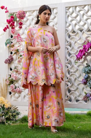 Chrkha Floral Print One Shoulder Kaftan With Pant 