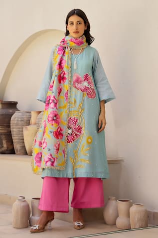 Chrkha Sequin & Pearl Work Floral Print Kurta Flared Pant Set 