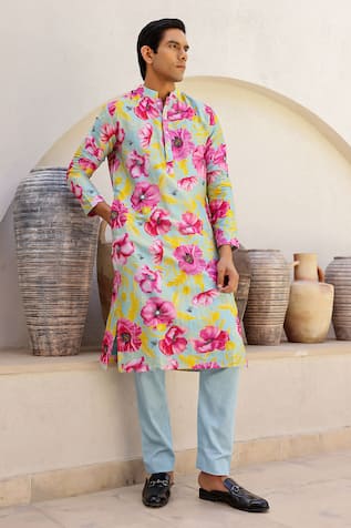 Chrkha Contrast Floral Print Straight Kurta With Solid Pant 