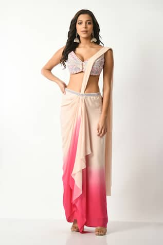 Salt and Spring Ombre Pre-Draped Saree With Embroidered Blouse 