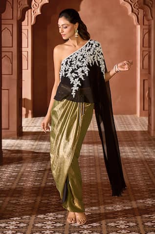 Aariyana Couture Embroidered One Shoulder Top & Draped Skirt Set 