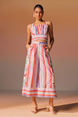 Noib Multi Color Stripe Print Bralette & Pant Set 