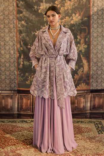 Cedar & Pine Leaves Embroidered Jacket Skirt Set 