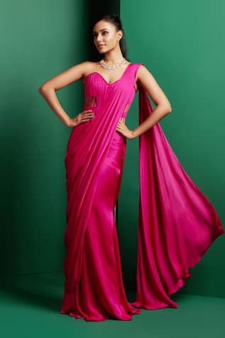 K&A By Karishma and Ashita Solid Pre-Draped Saree With Cut-Out Corset 