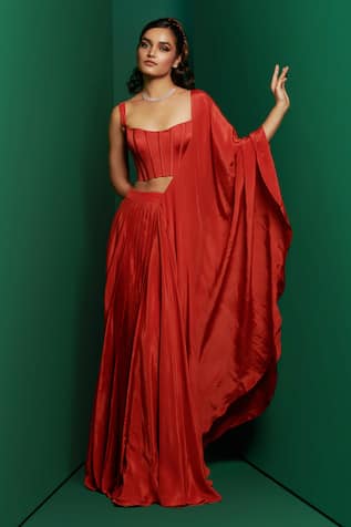 K&A By Karishma and Ashita Plain Pre-Draped Lehenga Saree With Corset 