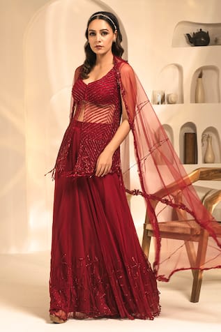 Label Astha Chhabra Scarlet Tonal Embroidered Tunic Sharara Set 