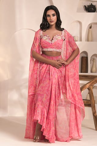 Label Astha Chhabra Tie Dye Print Cape & Dhoti Skirt Set 