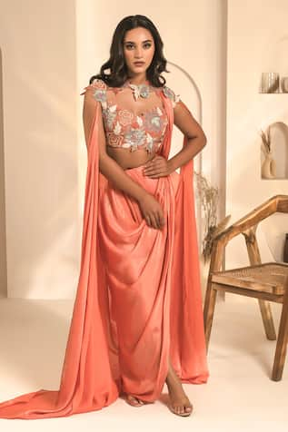 Label Astha Chhabra Floral Embroidered Blouse With Draped Dhoti Pant 