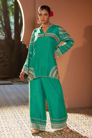 Sonia Khatri Placement Geometric Embroidered Shirt Tunic With Palazzo 