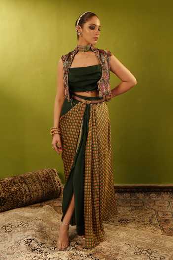 Aditi Gupta Dual Draped Skirt Set With Jamawar Jacket 