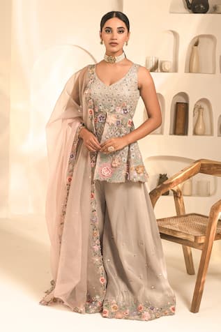 Label Astha Chhabra 3D Floral Embroidered Kurta Sharara Set 