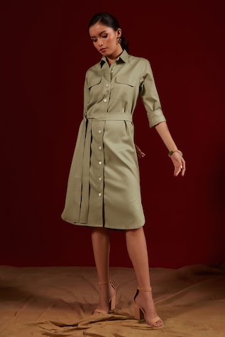 tara and i Double Pocket Plain Shirt Dress With Belt