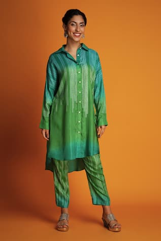 Krishna Mehta Ombre Block Print Kurta With Pant 