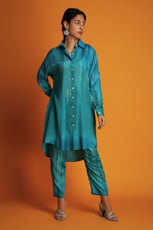 Krishna Mehta Ombre Block Print Straight Kurta With Pant 