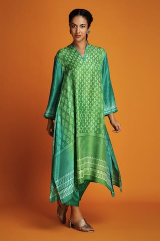 Krishna Mehta Two Tone Ombre Block Print Tunic With Pant 