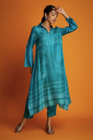 Krishna Mehta Collared Block Print Tunic With Pant 