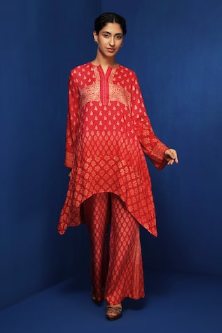 Krishna Mehta Ombre Block Printed Kurta & Bell Bottom Pant Set 