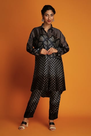 Krishna Mehta Geometric Hand Block Print Shirt Tunic & Pant Set 