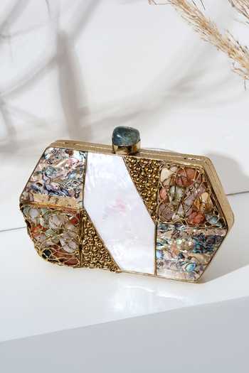 House of Webhin Gold Mother of Pearl Clutch with Sling Chain 