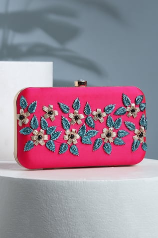 Floral Embroidered Pink Silk Clutch 