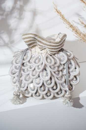 House of Webhin Snowdrop Pearl Embellished Potli With Detachable Handle 