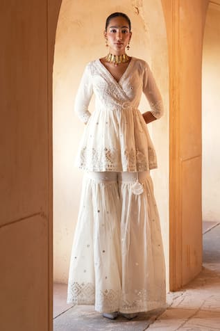 Preevin Thread & Mirror Mahal Embroidered Kurta Sharara Set 