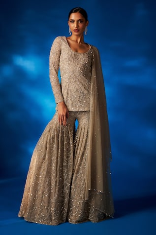 Charu And Vasundhara Vanessa Sequin & Thread Floral Work Kurta Sharara Set 