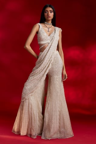 Charu and Vasundhara Veronica Sequin & Pearl Embroidered Sharara Saree With Blouse 