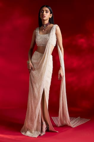 Charu and Vasundhara Viola Pre-Draped Saree With Tasseled Blouse 