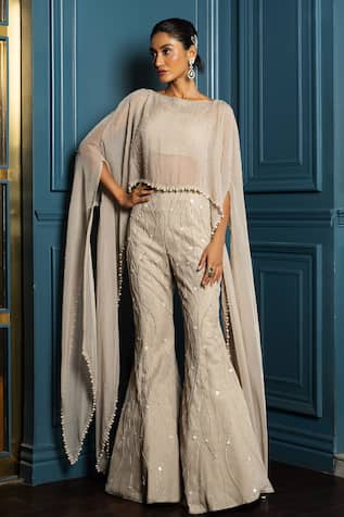 Charu and Vasundhara Valarie Asymmetric Pearl Embroidered Poncho Pant Set 