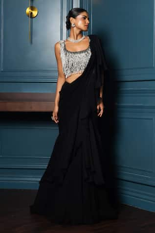 Charu and Vasundhara Vaughn Solid Pre-Draped Ruffle Saree With Silk Blouse 