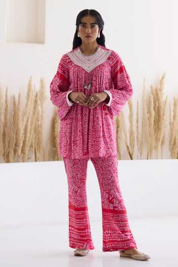 Inej Cotton Silk Printed Top & Bell Bottom Pant Set 