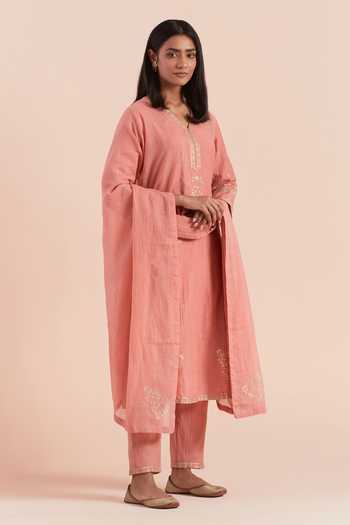 Priya Chaudhary Chanderi Floral Block Print Kurta Pant Set 