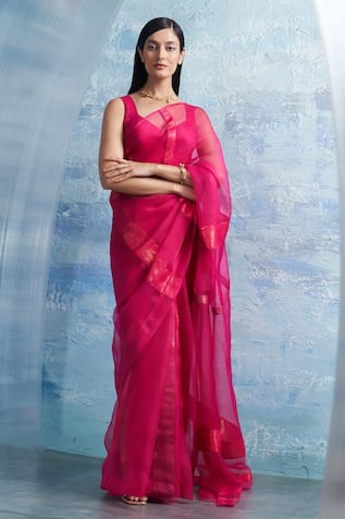 Charkhee Stripe Border Woven Saree With Blouse 