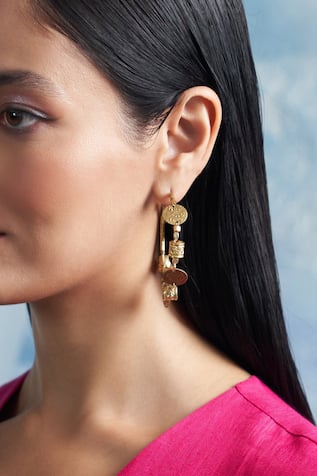 Charkhee Coins & Stones Embellished Hoop Earrings 