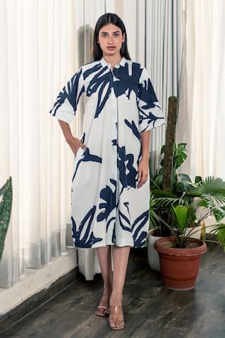 Merakus Floral Abstract Print Shirt Dress 