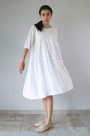 Merakus Pleated Yoke Cotton Dress 